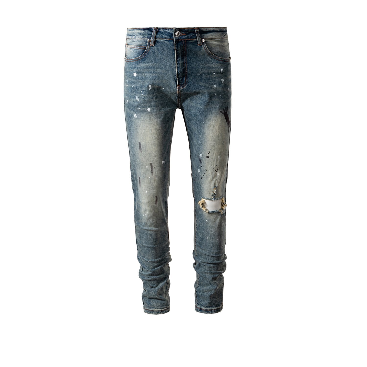 Men's Women's Autumn And Winter Urban Ripped Paint Slim-fit Small Leg Trousers Trendy Washable Jeans For Men And Women