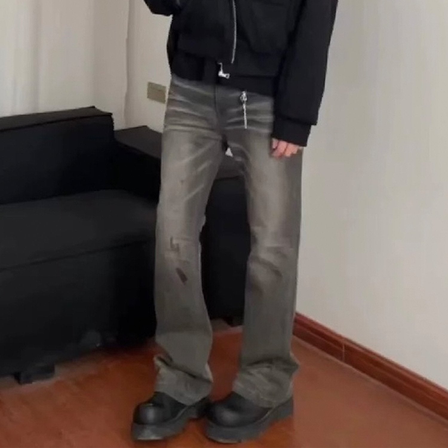 Men's Wear Women's Crumpled Pants Unisex High Street Neutral High Street Slim-Fit Micro-Lar Jeans