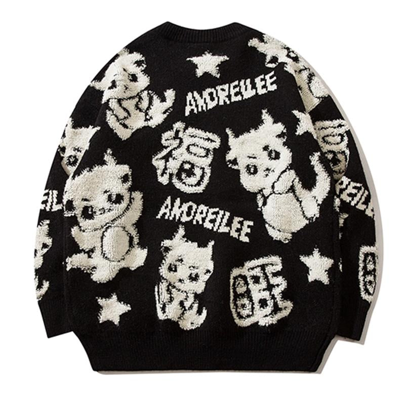 Cartoon Dragon Round Neck Sweater Tops Autumn Loose Pullover Fashion Winter High Quality Casual