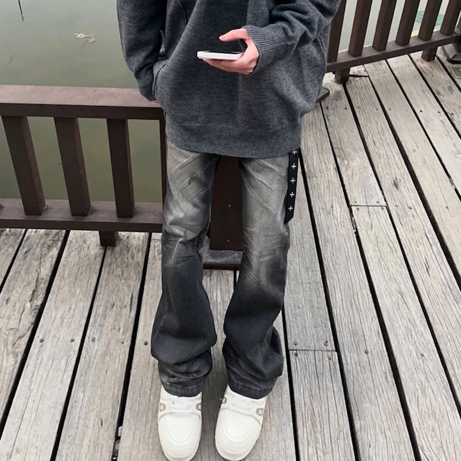 Men's Wear Women's Crumpled Pants Unisex High Street Neutral High Street Slim-Fit Micro-Lar Jeans