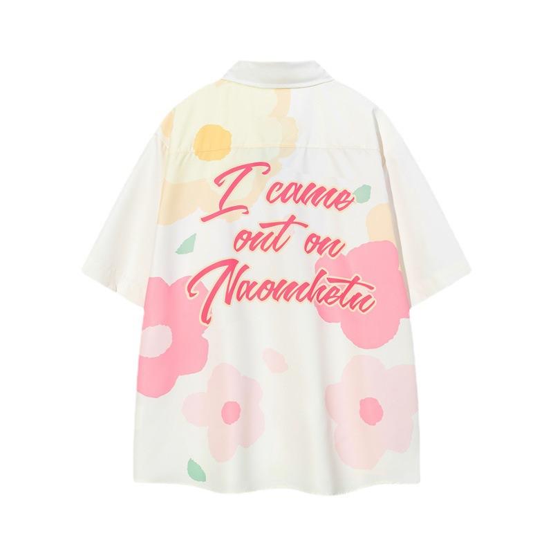 Vertical Line Trade Japanese Style Leisure College Style Flower Couples Short-sleeved Shirt For Men And Women Loose Campus Graffiti Style Short-sleeved Shirt