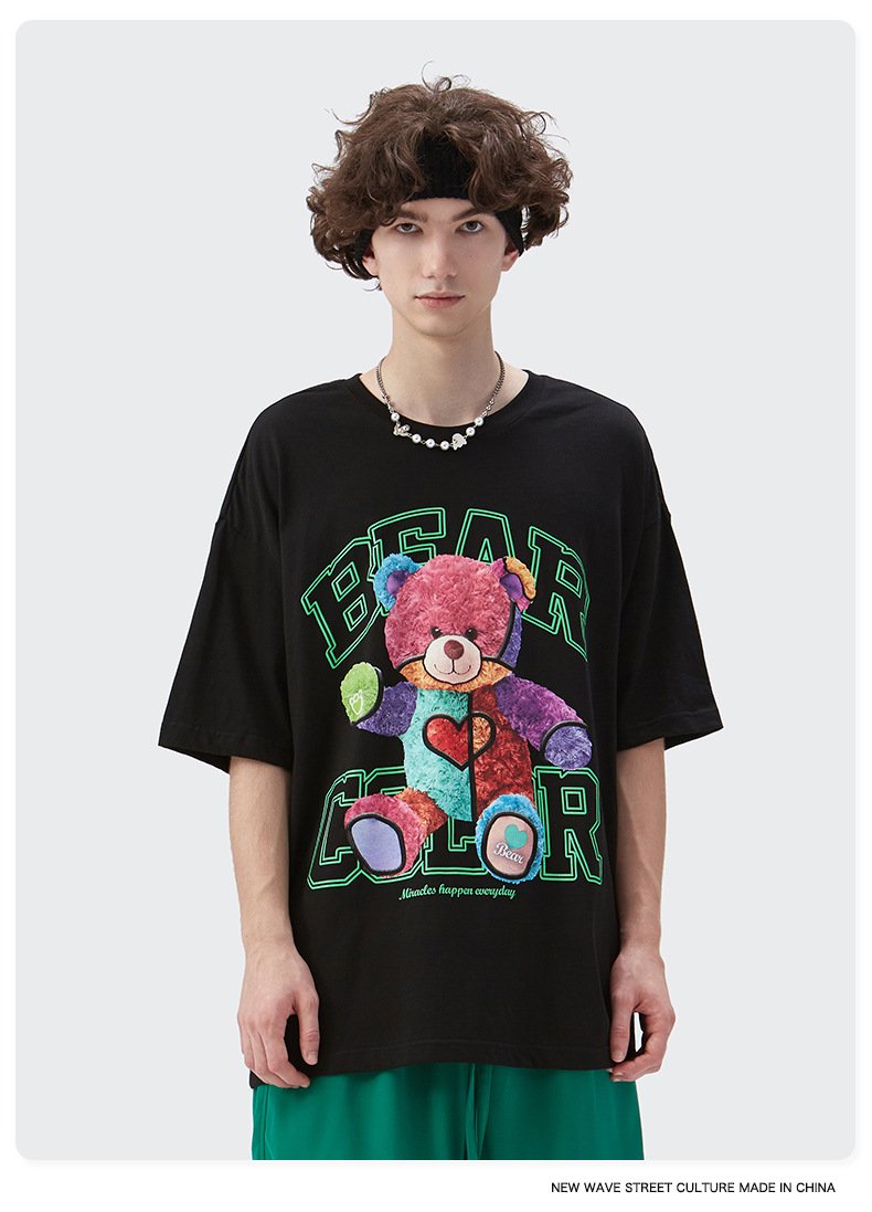 Live Supply 2022 Summer New Rainbow Plush Bear Loose Short-sleeved T-shirt Men's Couple Dress