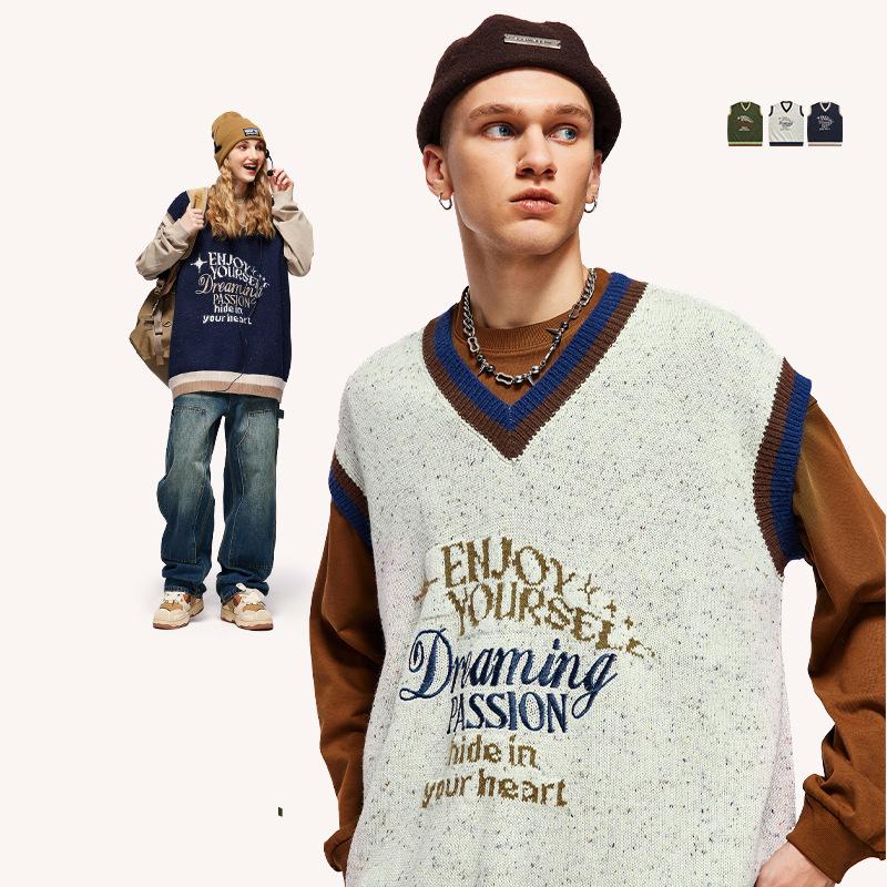2023 Autumn And Winter New Retro Trendy Brand Color Yarn Sweater Pullover Loose Vest Sweater Knitted Sweater