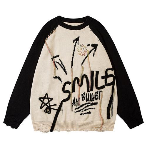 Star Pattern Sweater Autumn Crew Neck Color Contrast Baggy High Street Casual Fashion Streetwear Warm Basic Pullover