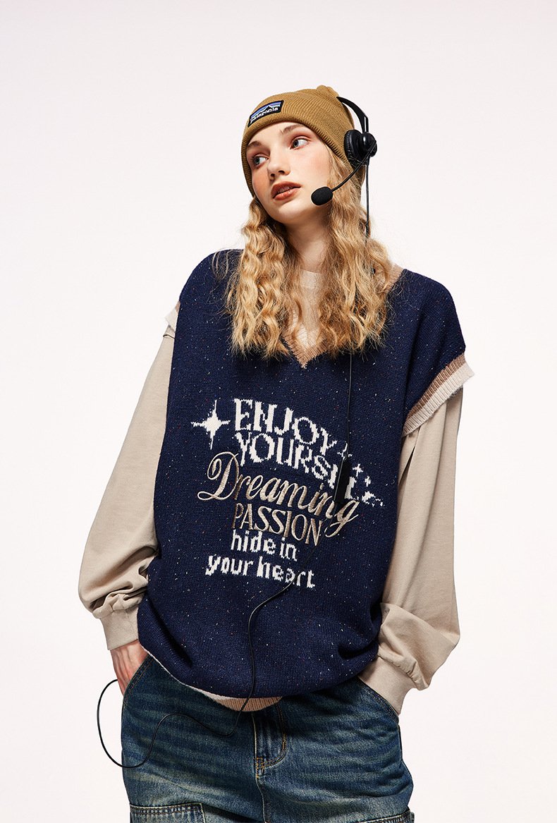 2023 Autumn And Winter New Retro Trendy Brand Color Yarn Sweater Pullover Loose Vest Sweater Knitted Sweater
