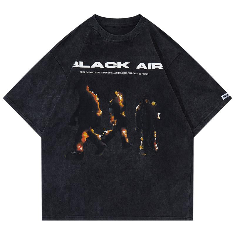 Flame Printed Short Sleeve T Shirt Washed Vintage Streetwear Burning Man Graphic Print Harajuku Fashion Summer Casual