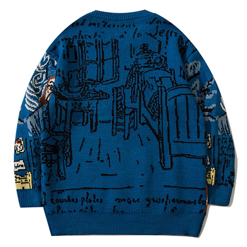 Graffiti Van Gogh Print Sweater Loose All-Match Pullover Winter Tops Lapel Knit Autumn Fashion