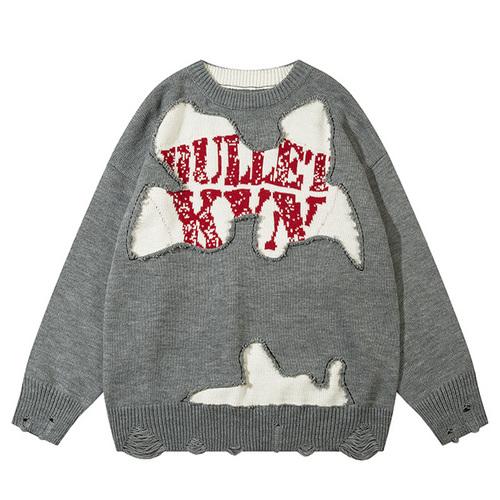 Letter Ripped Sweater Autumn Crew Neck Winter Loose High Street Casual Fashion Streetwear Warm Basic Pullover