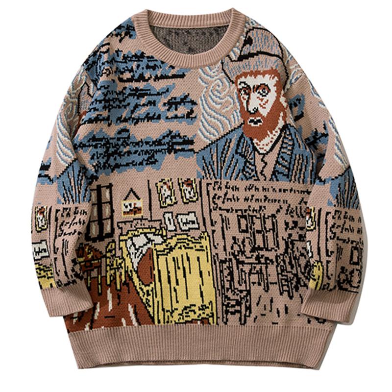 Graffiti Van Gogh Print Sweater Loose All-Match Pullover Winter Tops Lapel Knit Autumn Fashion