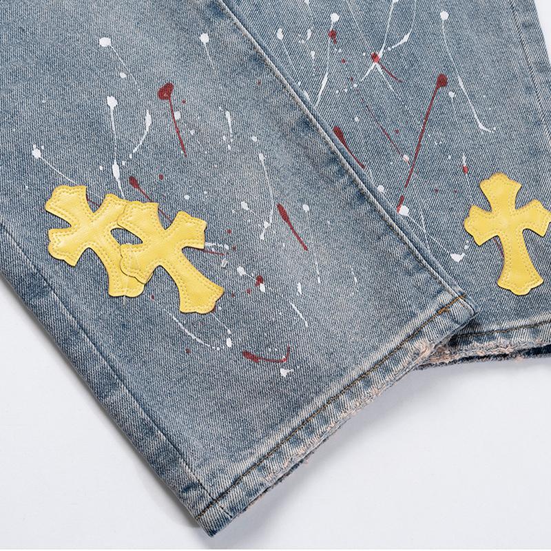 Men's And Women's Spring And Summer Colorful Cross Decorative Trousers Unisex Straight Slim-Fit Splash Paint Trendy Jeans
