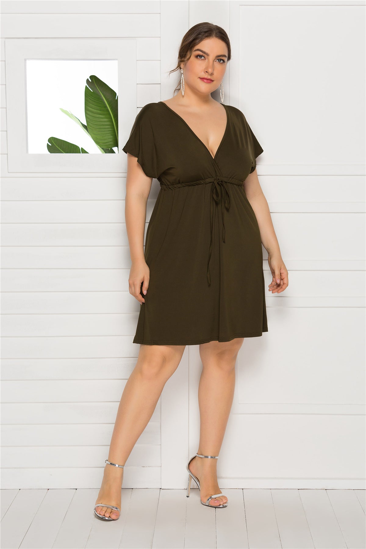 Plus Size Sexy Solid Color Sleeveless Deep V Plunge neck Elastic Waist Dress Women Dressing Gown