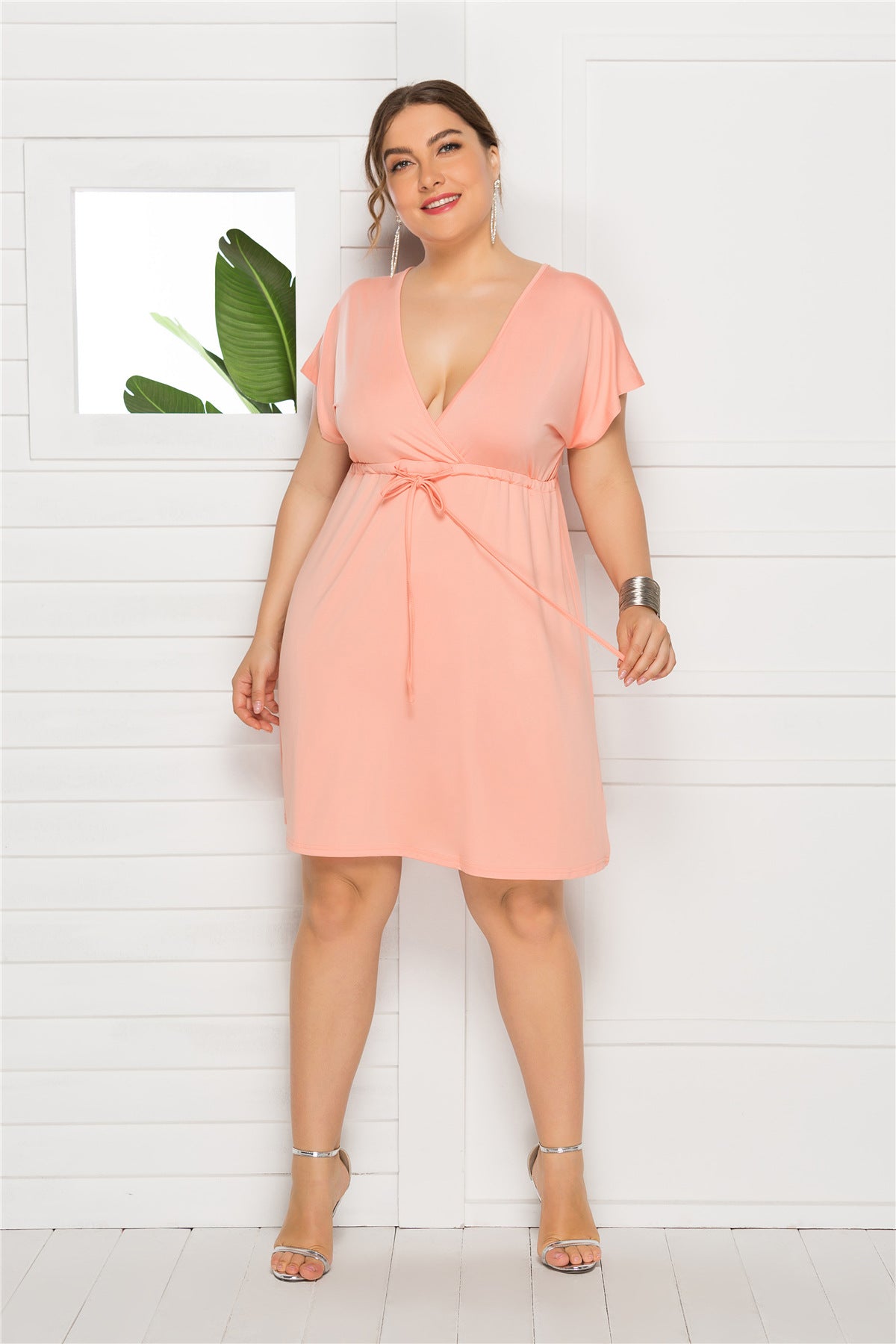 Plus Size Sexy Solid Color Sleeveless Deep V Plunge neck Elastic Waist Dress Women Dressing Gown