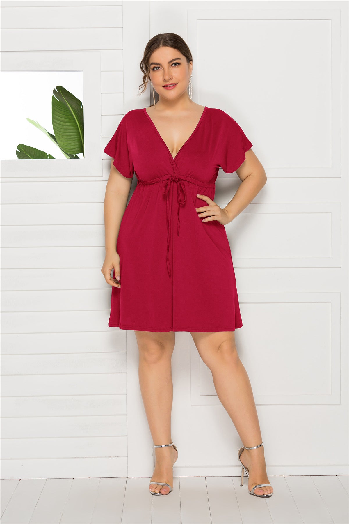 Plus Size Sexy Solid Color Sleeveless Deep V Plunge neck Elastic Waist Dress Women Dressing Gown