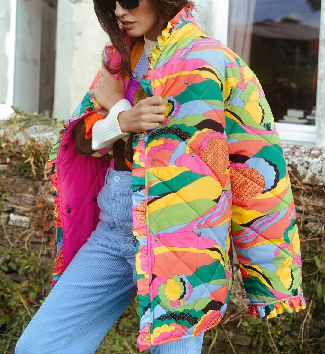 Autumn Winter Women Clothing Loose Stand Collar Ruffled Warm Retro Printed Cotton Padded Jacket Coat