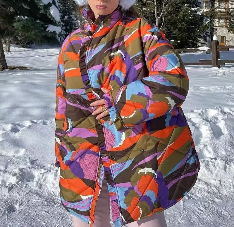 Autumn Winter Women Clothing Loose Stand Collar Ruffled Warm Retro Printed Cotton Padded Jacket Coat