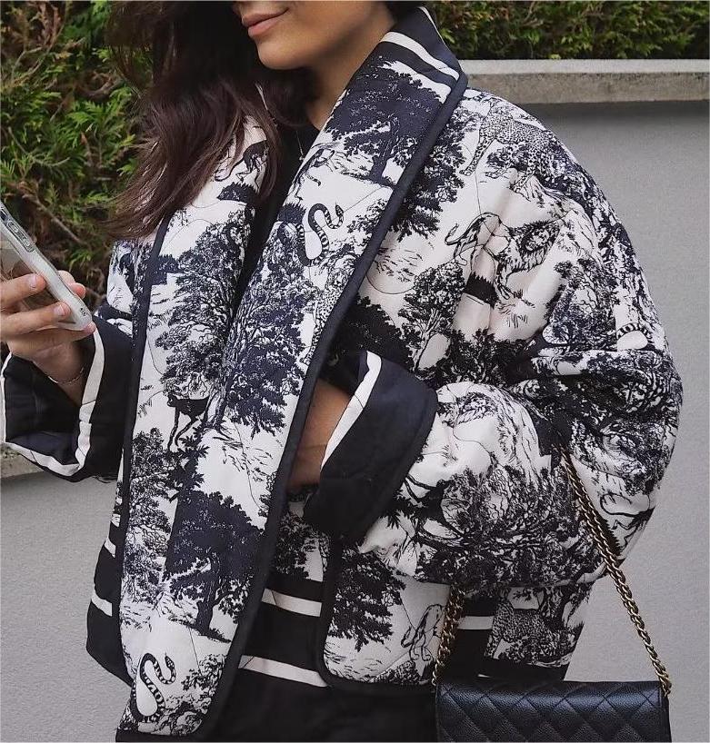Autumn Winter Printing Quilted Cotton Padded Jacket Pocket on Both Sides Baggy Coat