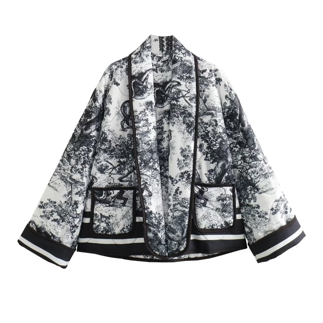 Autumn Winter Printing Quilted Cotton Padded Jacket Pocket on Both Sides Baggy Coat