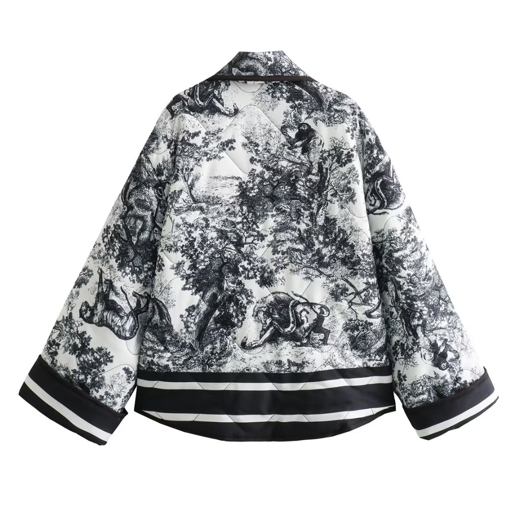 Autumn Winter Printing Quilted Cotton Padded Jacket Pocket on Both Sides Baggy Coat