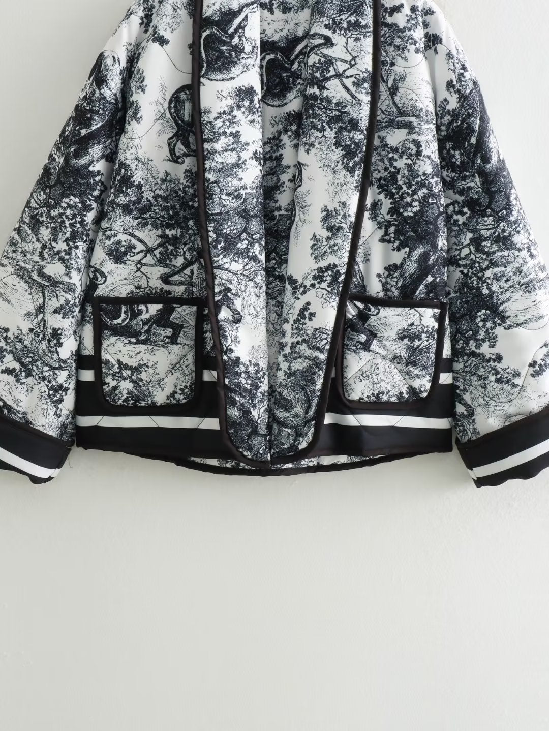 Autumn Winter Printing Quilted Cotton Padded Jacket Pocket on Both Sides Baggy Coat