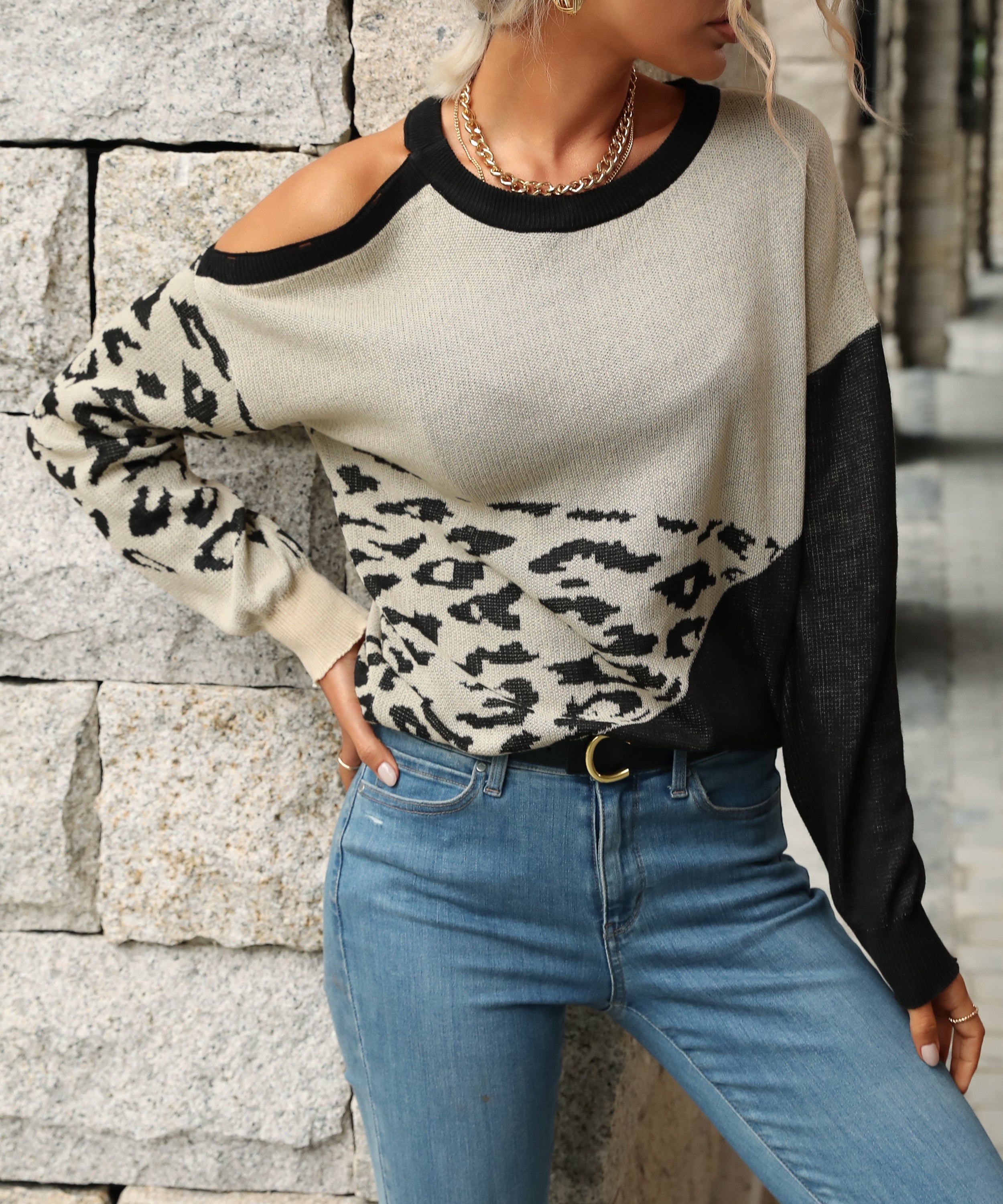 Autumn Women Wear Color Matching Long Sleeve Hollow Out Cutout Sweater