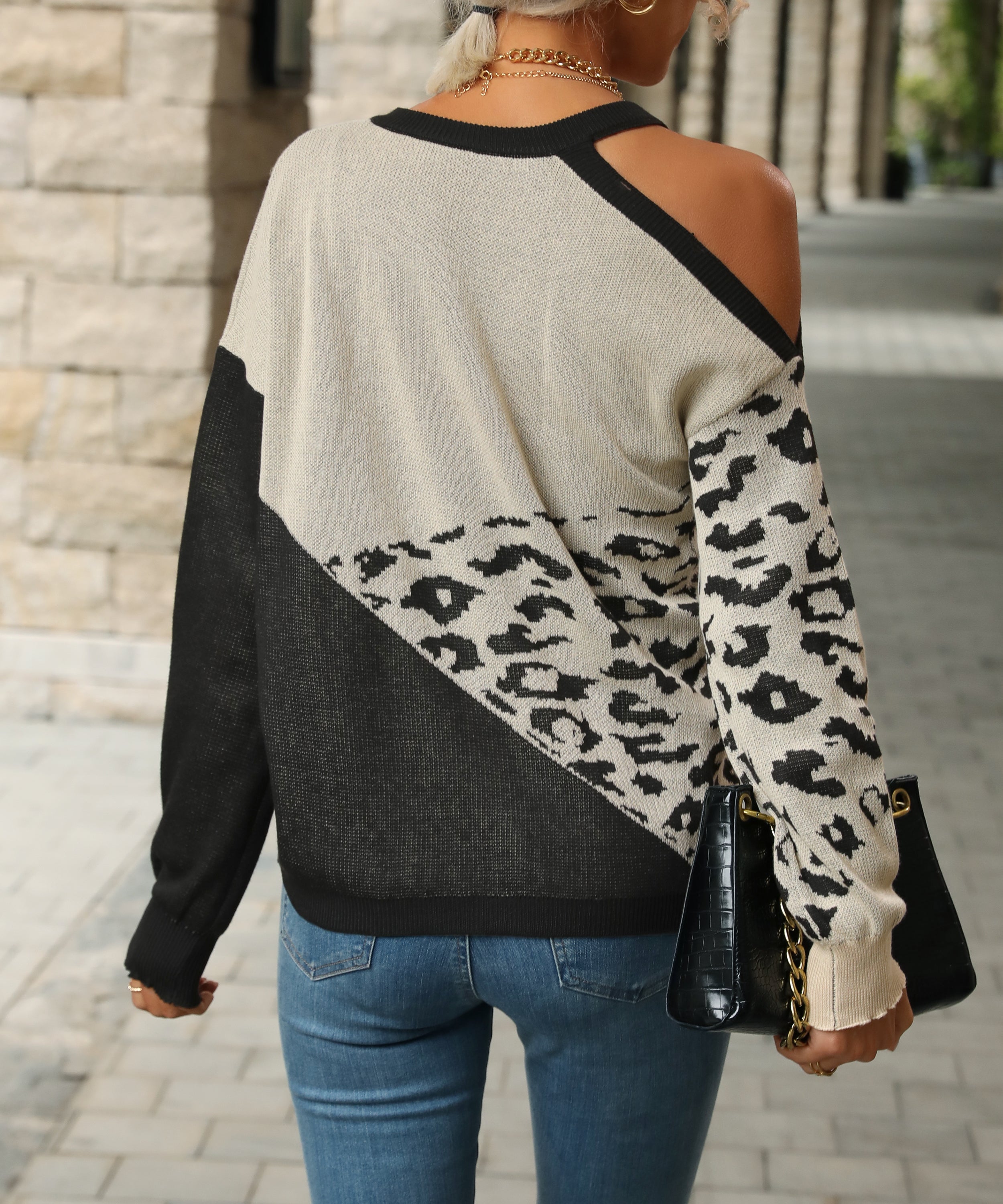 Autumn Women Wear Color Matching Long Sleeve Hollow Out Cutout Sweater