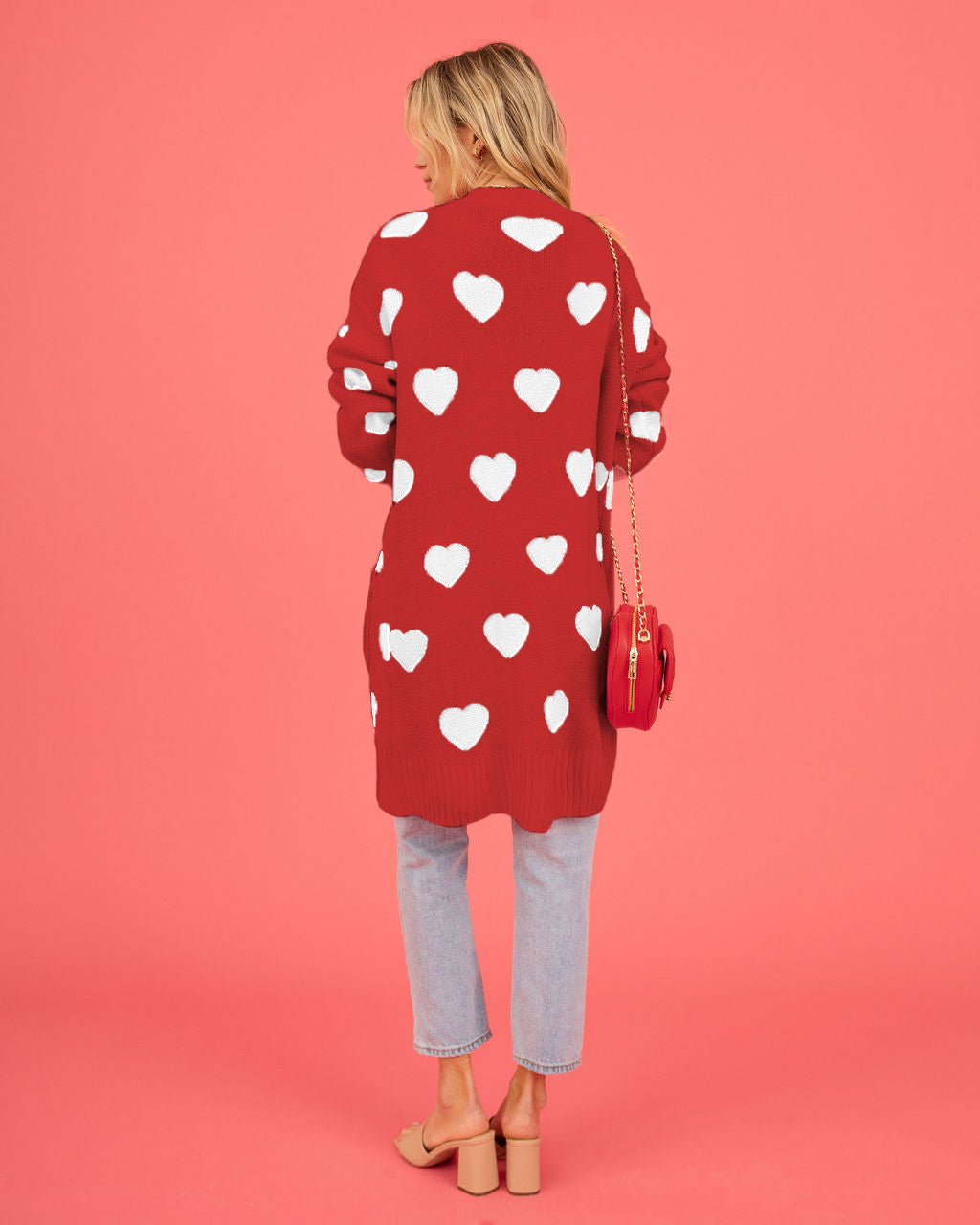 Valentine Day Heart Knitted Cardigan Love Pocket V Neck Mid Length Coat Women