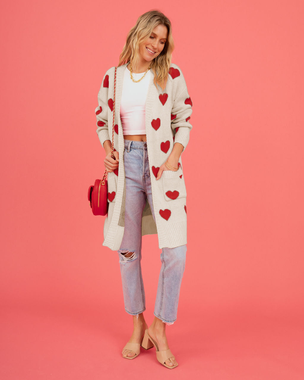 Valentine Day Heart Knitted Cardigan Love Pocket V Neck Mid Length Coat Women