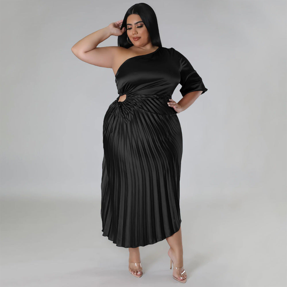 Women Clothing Spring Sexy Oblique Shoulder Drawstring Pleated Dress