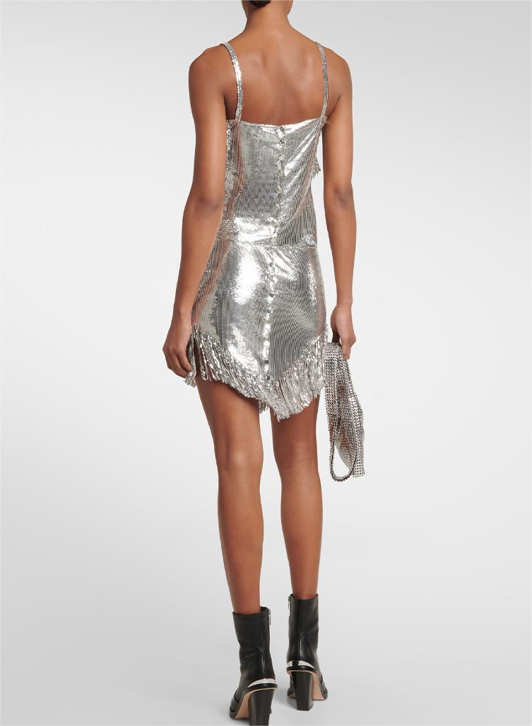 Sexy V Neck Strap Backless Metallic Silver Strap Tassel Skirt Set Ball Performance Costume Performance Wear