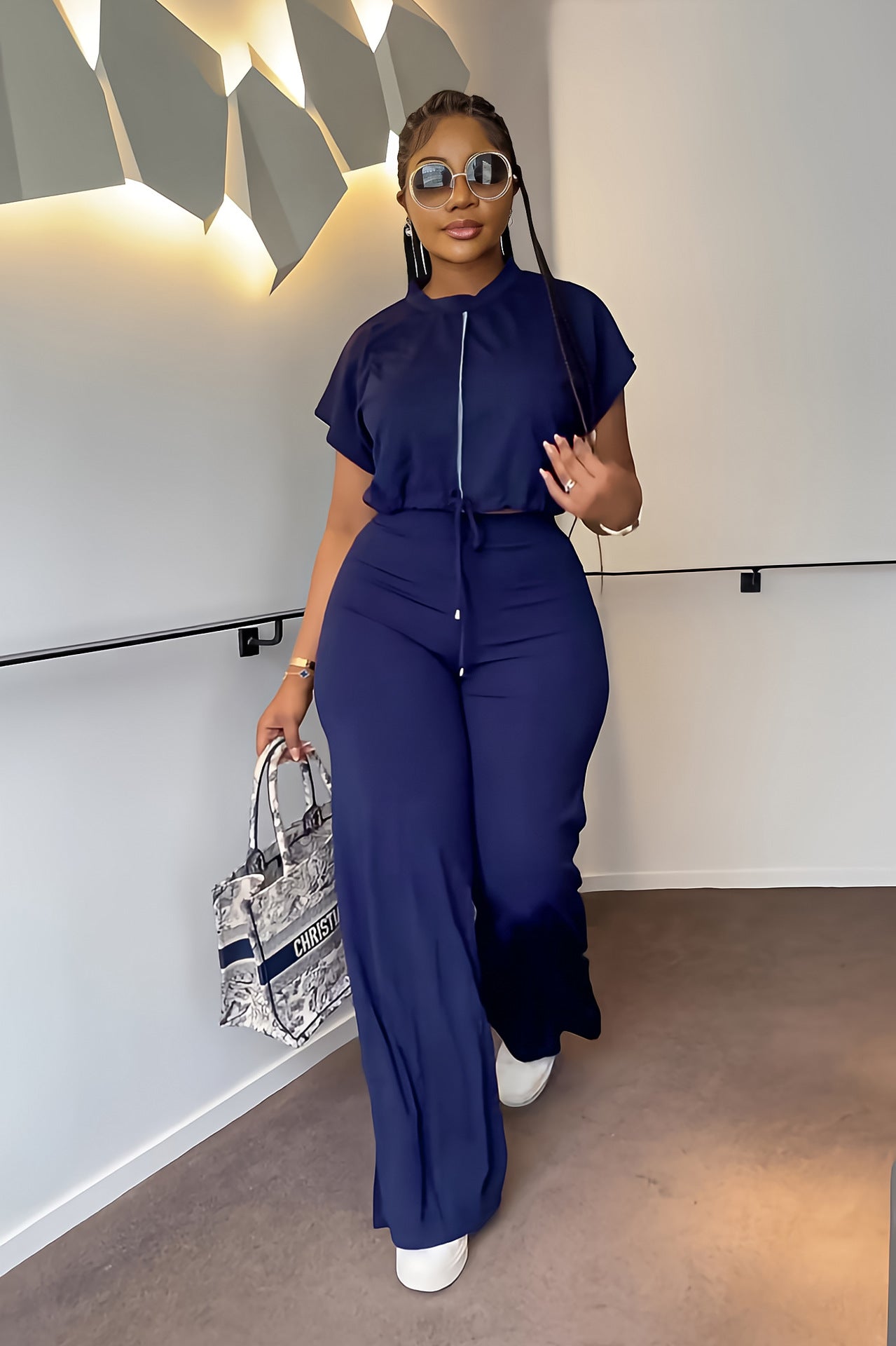 Summer Drawstring Short Top High Waist Slit Women Trousers Two Piece Suit
