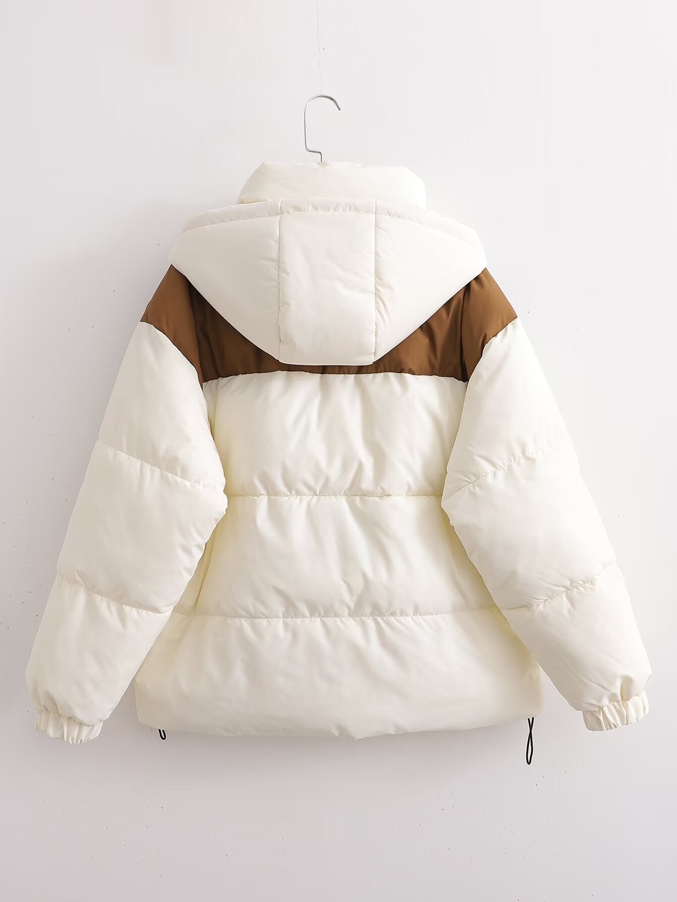 Women Clothing French Stitching Contrast Color Loose Casual Hooded Cotton Coat Jacket