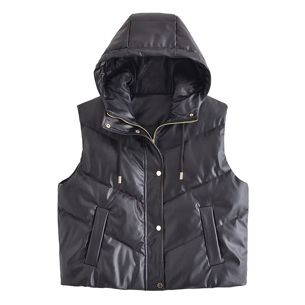 Winter Women Street Faux Leather Hooded Cotton Jacket Vest