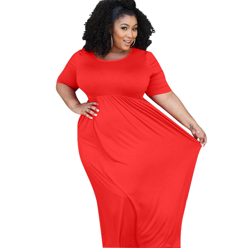 Plus Size Solid Color Pleating Large Swing Short Sleeve Long Pattern Dress