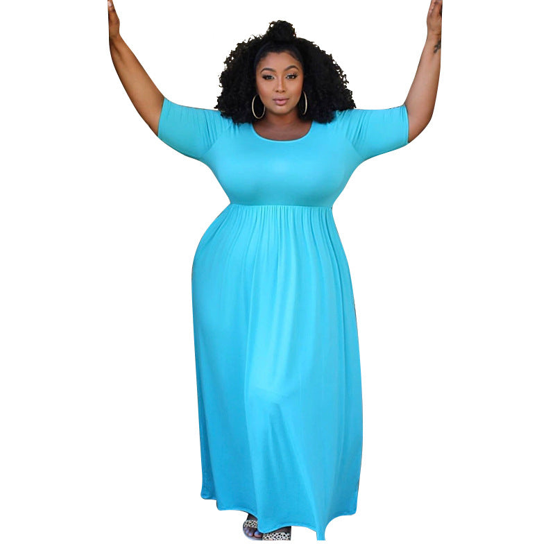 Plus Size Solid Color Pleating Large Swing Short Sleeve Long Pattern Dress