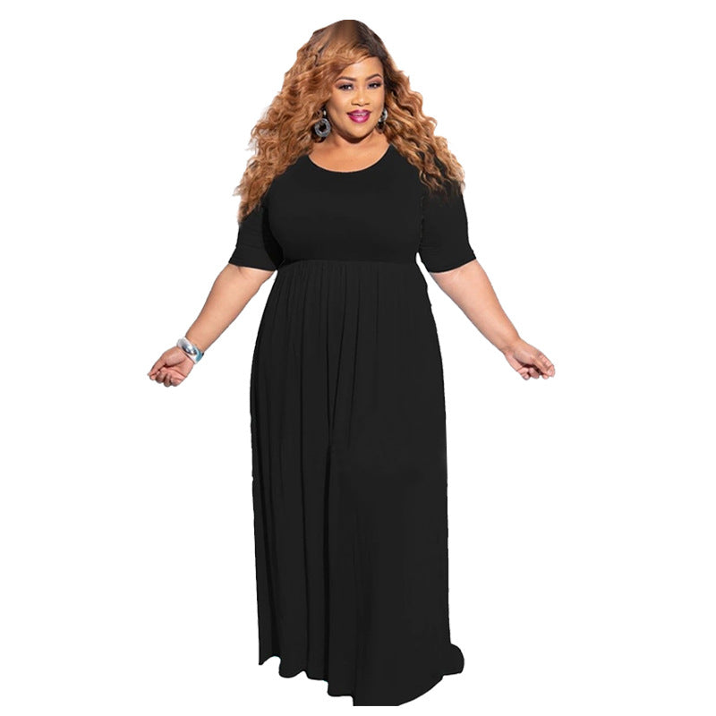 Plus Size Solid Color Pleating Large Swing Short Sleeve Long Pattern Dress