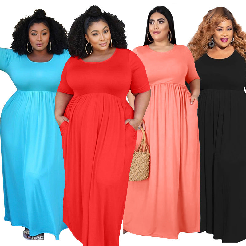 Plus Size Solid Color Pleating Large Swing Short Sleeve Long Pattern Dress
