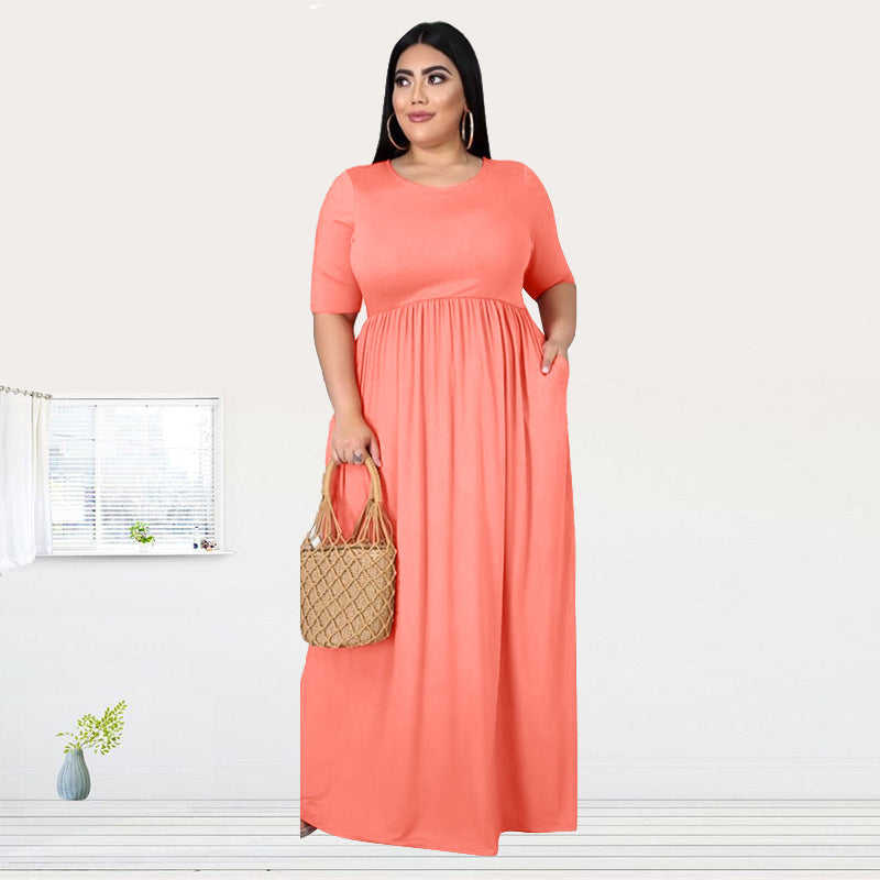 Plus Size Solid Color Pleating Large Swing Short Sleeve Long Pattern Dress