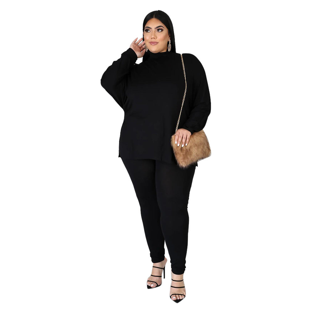 Plus Size Fall Winter Turtleneck Solid Color Split Long-Sleeved Trousers Women Casual Sports Suit