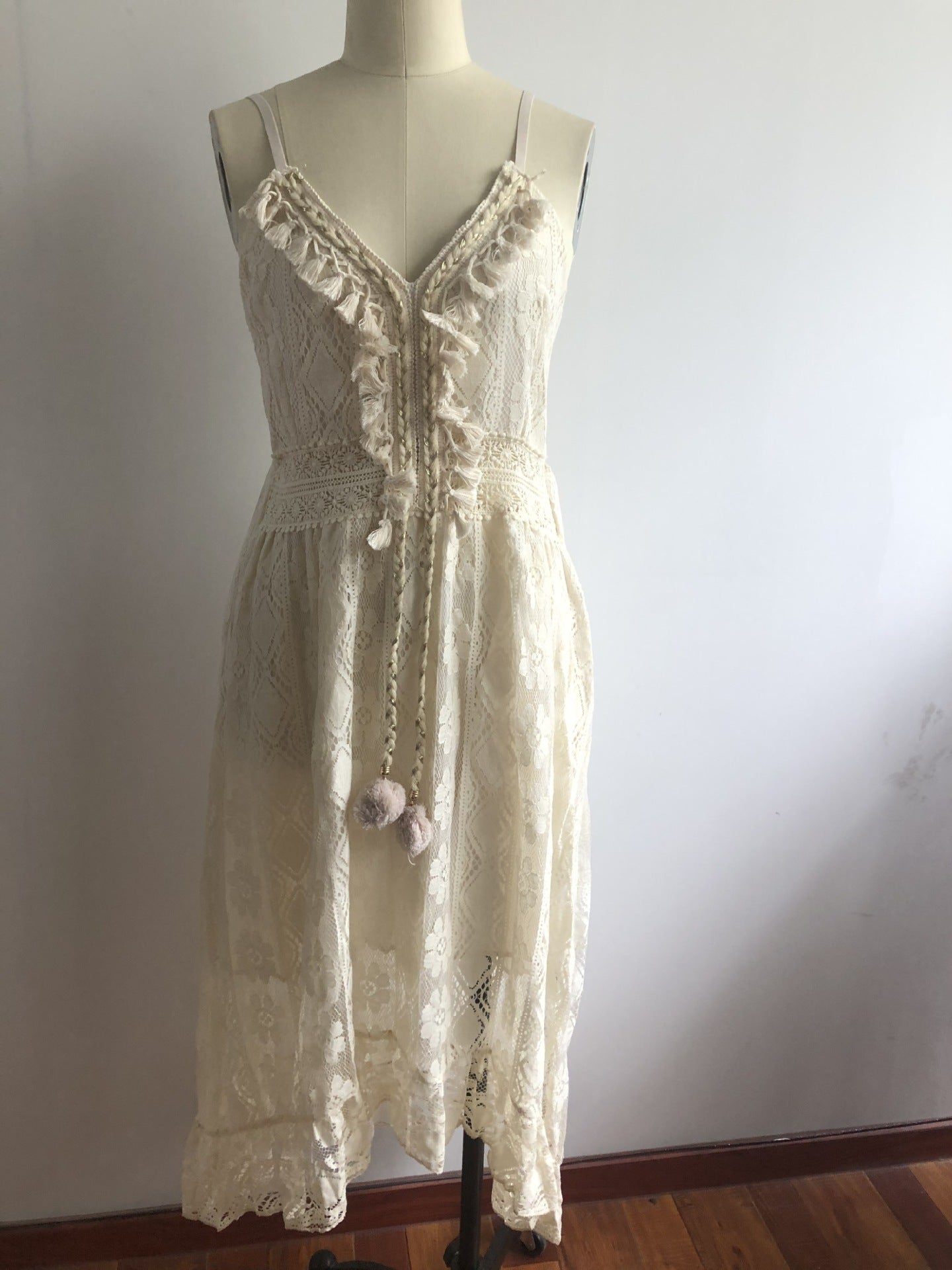 Summer Lace Sling Large Swing Solid Color Long Maxi Dress