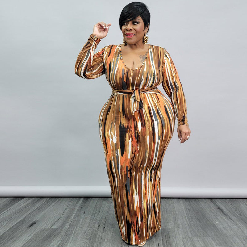 Plus Size Women Clothing Spring Printing Dyeing U Collar with Belt Skinny Long Dress
