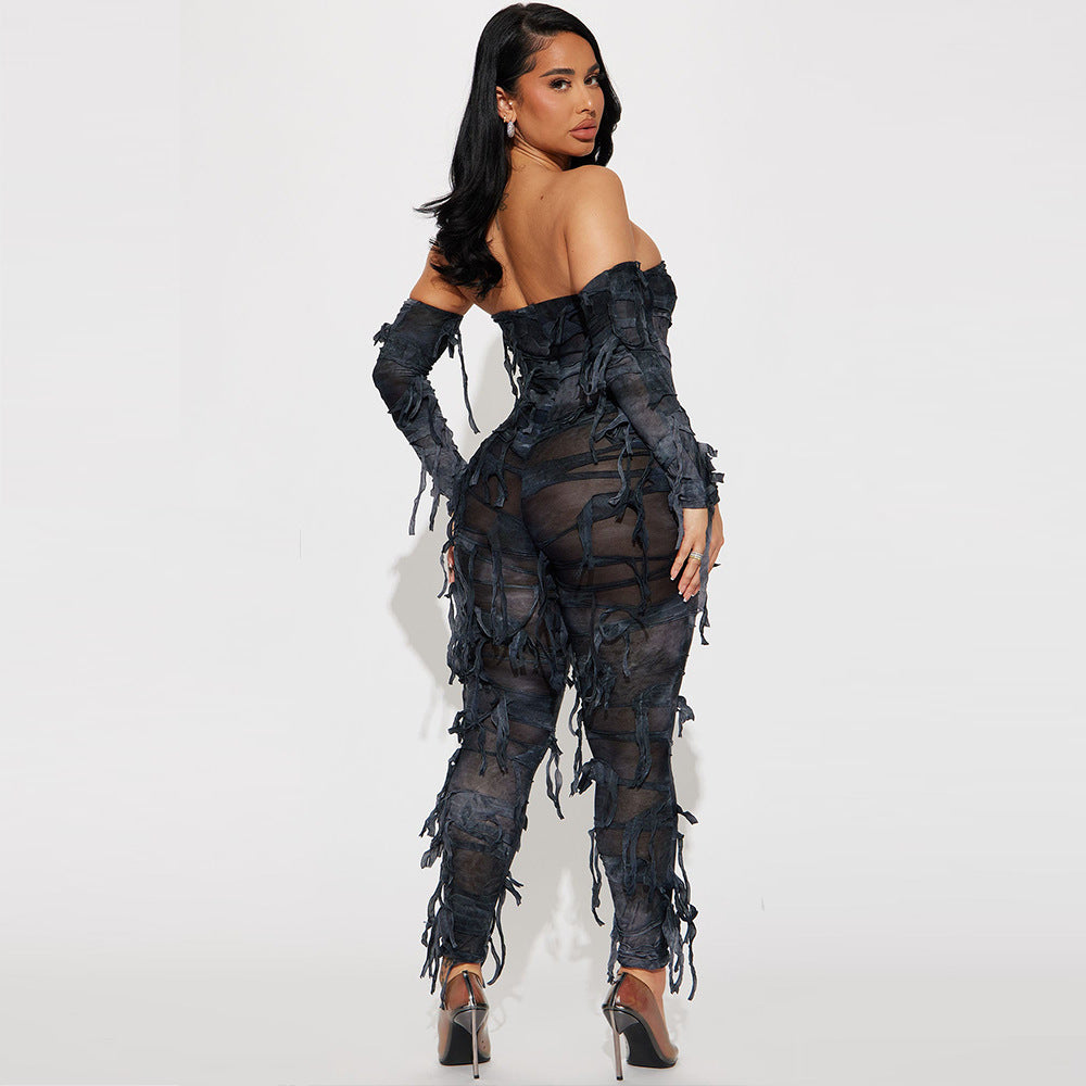 Autumn Tie Dyed Tassel Sexy Bandeau Backless Ice Sleeve Jumpsuit for Women