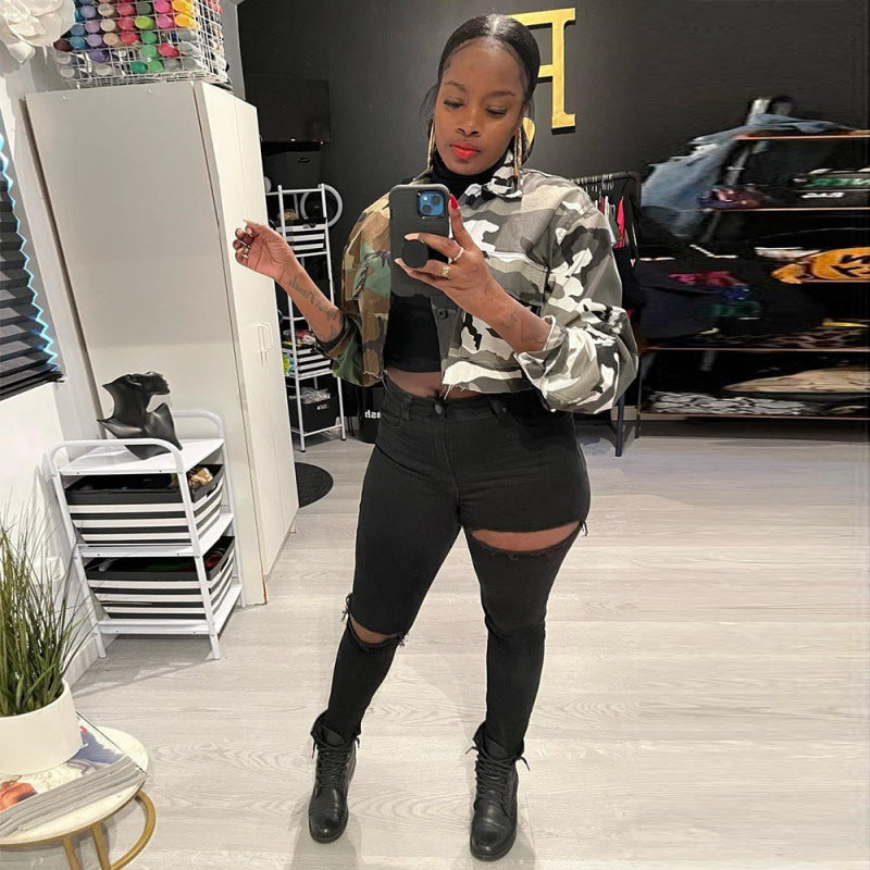 Autumn Personalized Trendy Contrast Color Tassel Washed Camouflage Jacket Women