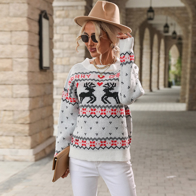 Autumn Women Clothing Knitted Pullover Round Neck Christmas Sweater
