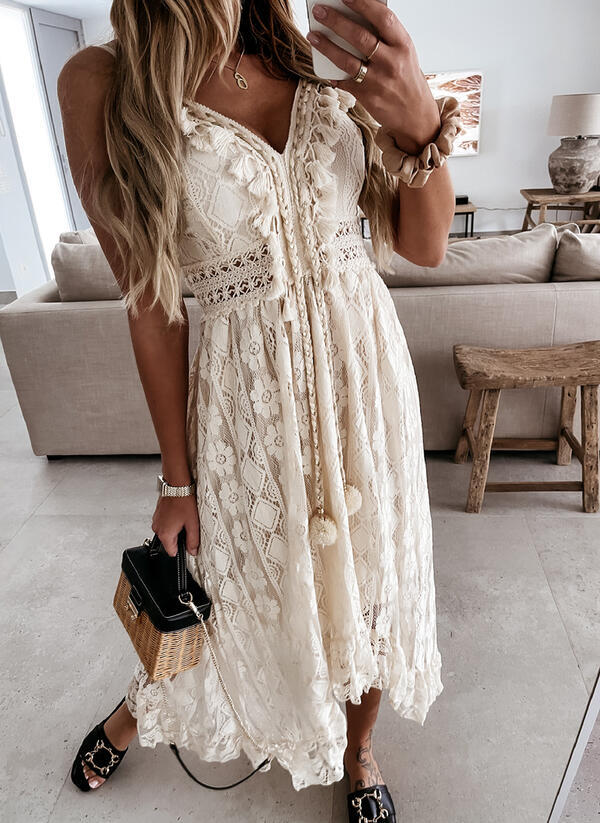 Summer Lace Sling Large Swing Solid Color Long Maxi Dress