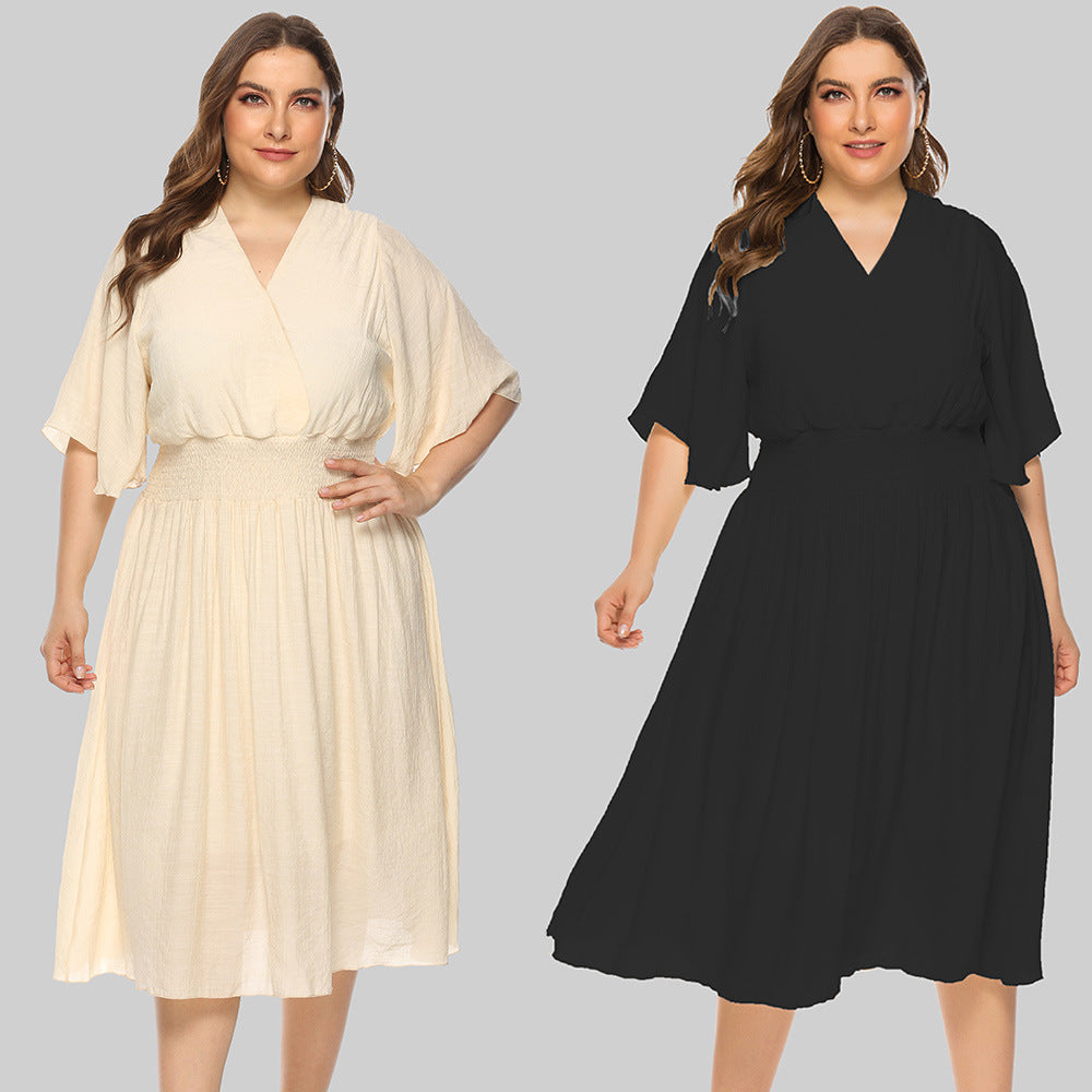 Plus Size Summer Women Clothing Solid Color V-neck Waist-Controlled Flying Sleeves Dress