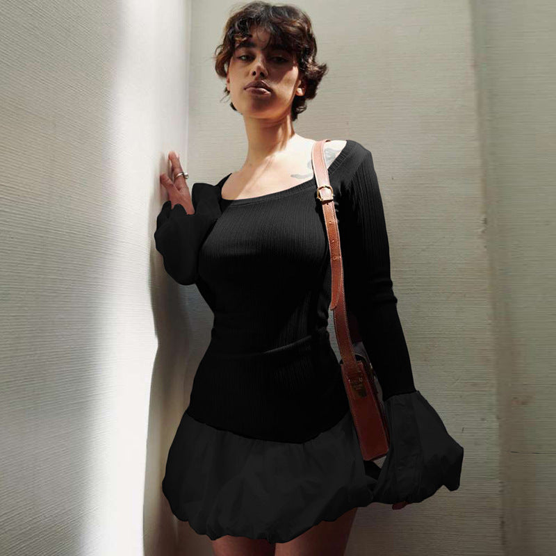 Autumn Winter Women Clothing Round Neck Flared Sleeves Slim Bud Dress