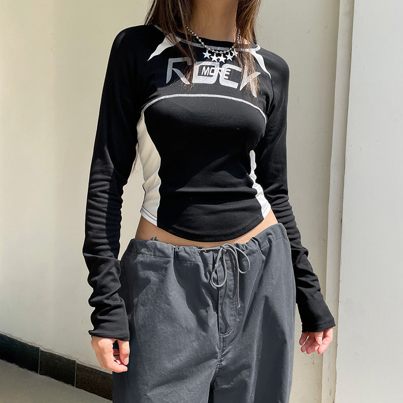Street Locomotive Color Matching Letters Printed Slim Fit Short Long Sleeve T shirt Basic All Matching Racing Casual Top