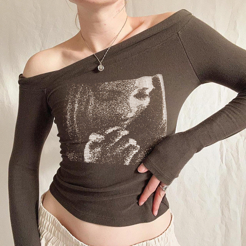 Niche Retro Figure Avatar Printed Sexy Diagonal Collar Slim Fit Base T shirt Sexy Irregular Asymmetric Casual Top