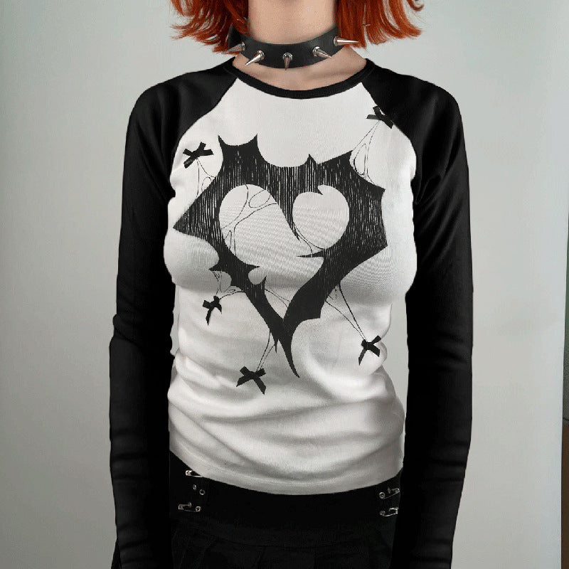 Bow Print Contrast Color Raglan T shirt Autumn Sexy Slim round Neck Threaded Long Sleeve Thin Top