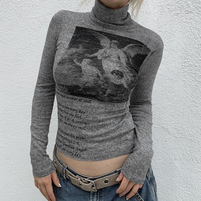 Basic Slim Fit Turtleneck Autumn Winter Bottoming T shirt Retro Little Angel Printed Letter Graphic Stretch Knitted Top